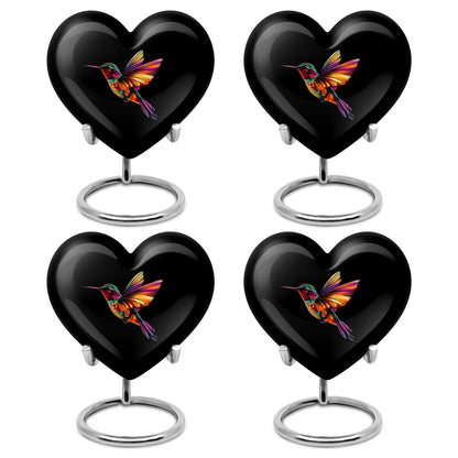 Jet Black Hummingbird Cremation Urn angled view of lid and engraved motif - loving heart memorial featuring hummingbird pattern - 10 inch aluminum urn for cremated remains