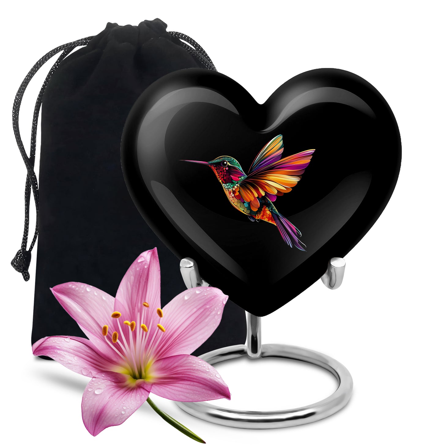 Glossy Black Hummingbird Cremation Urn detail view - loving heart memorial featuring hummingbird pattern - full-size 10 inch 200 cubic inch adult cremation urn