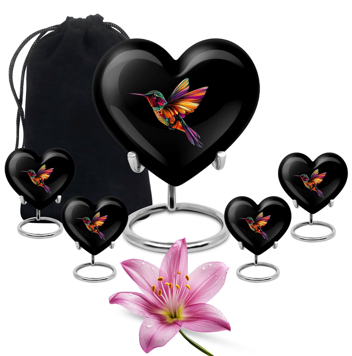 Glossy Black Hummingbird Cremation Urn close-up of engraving and surface detail - heart-shaped hummingbird design symbolizing eternal love - memorial set with one large and four small urns