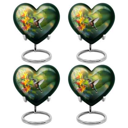 Sage Green Hummingbird Cremation Urn angled view of lid and engraved motif - loving heart memorial featuring hummingbird pattern - 10 inch aluminum urn for cremated remains