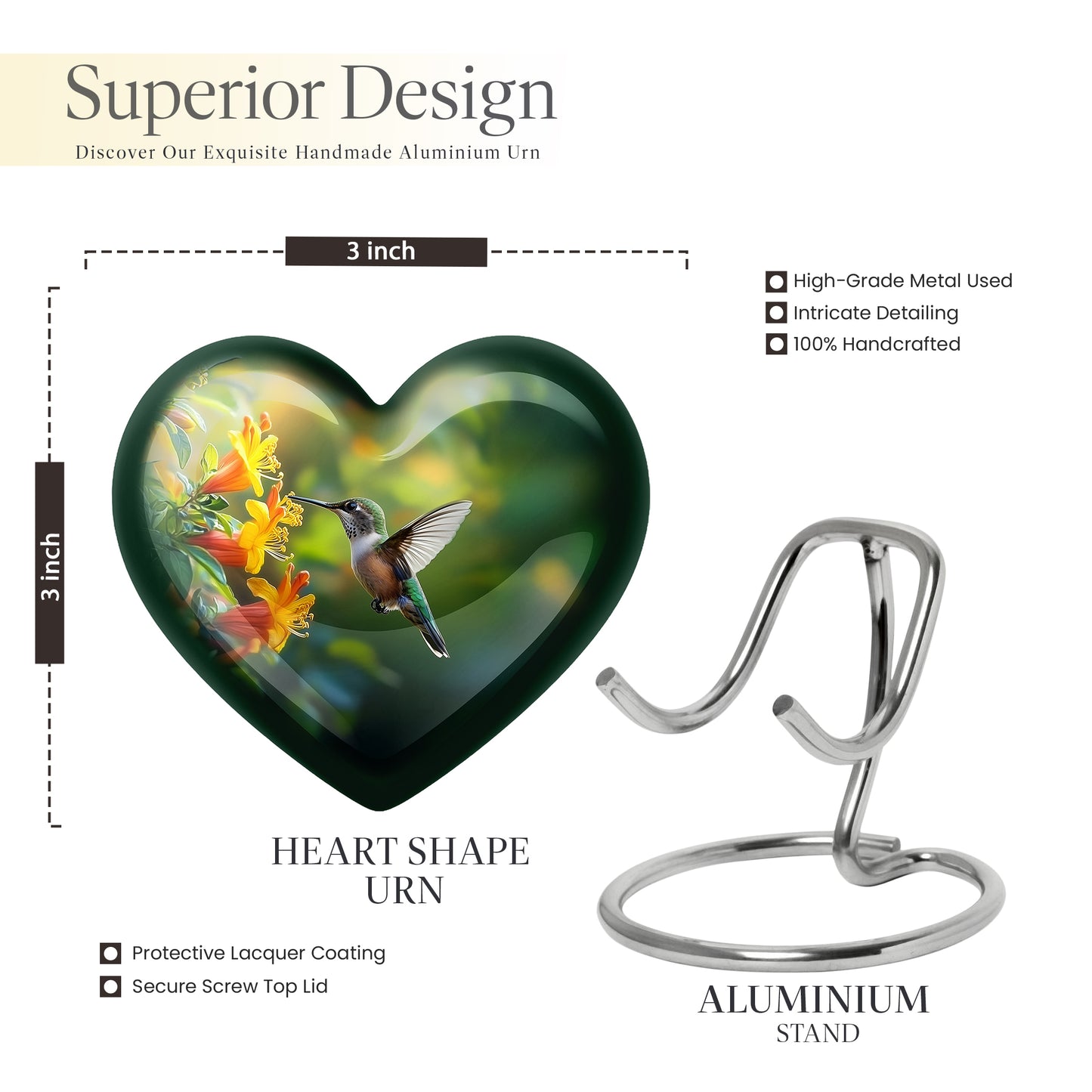 Hunter Green Hummingbird Cremation Urn front view showing detailed design - romantic heart urn with hummingbird motif on aluminum - mini keepsake memorial for portion of cremation ashes