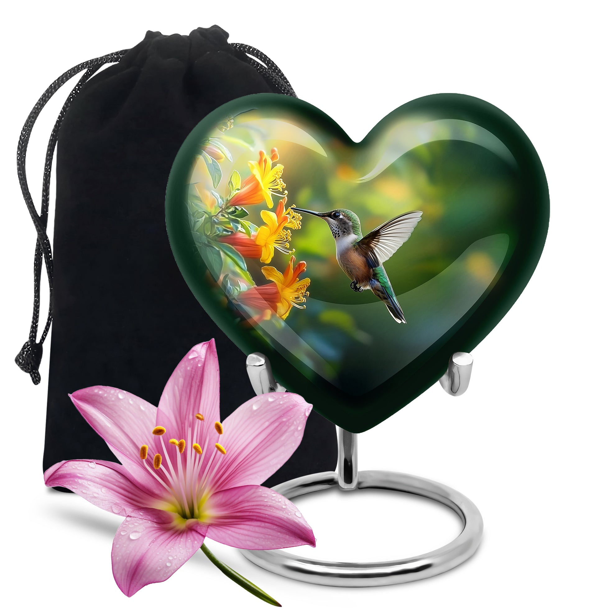 Sage Green Hummingbird Cremation Urn detail view - loving heart memorial featuring hummingbird pattern - full-size 10 inch 200 cubic inch adult cremation urn