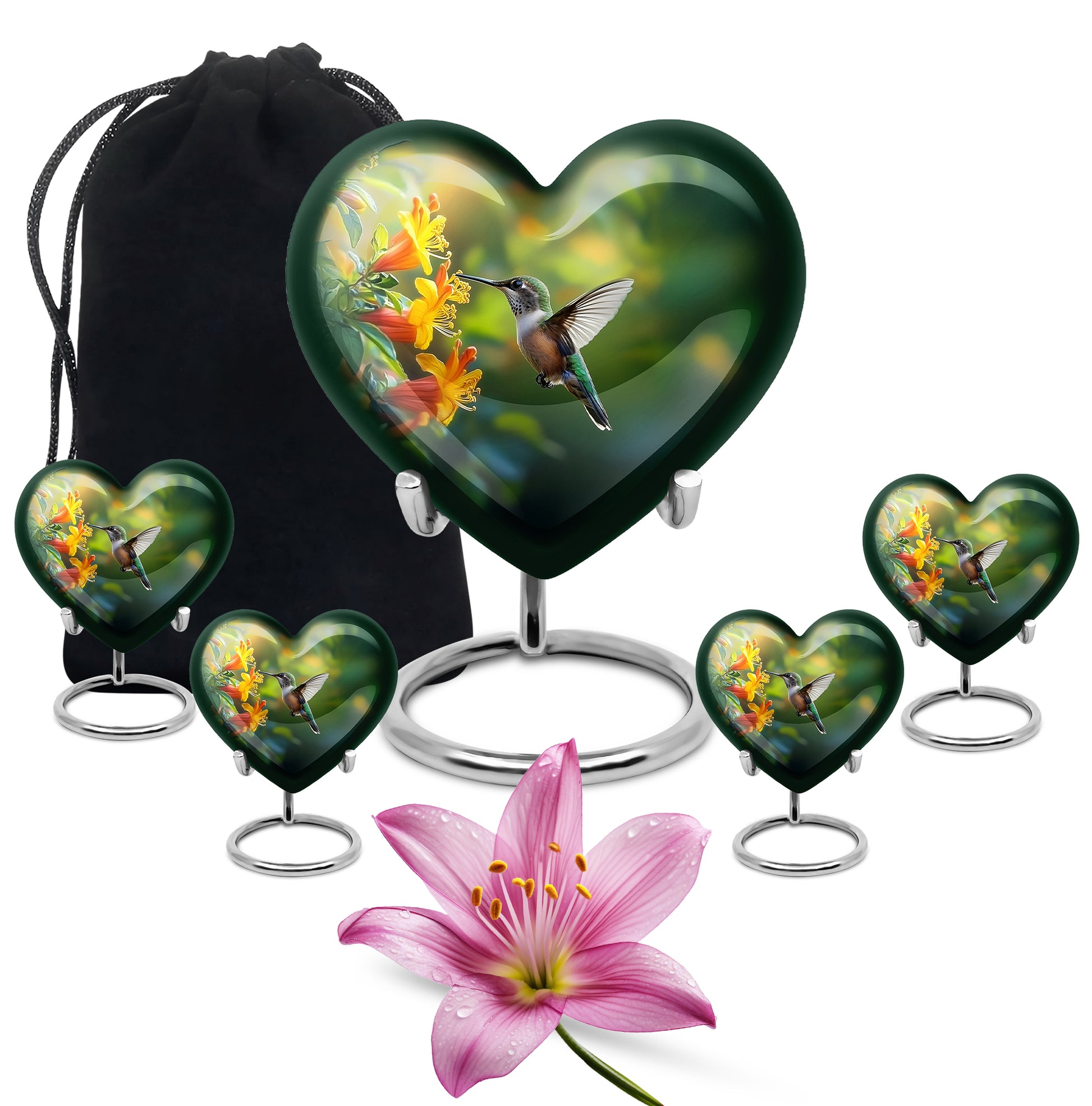 Olive Green Hummingbird Cremation Urn close-up of engraving and surface detail - romantic heart urn with hummingbird motif on aluminum - memorial set with one large and four small urns
