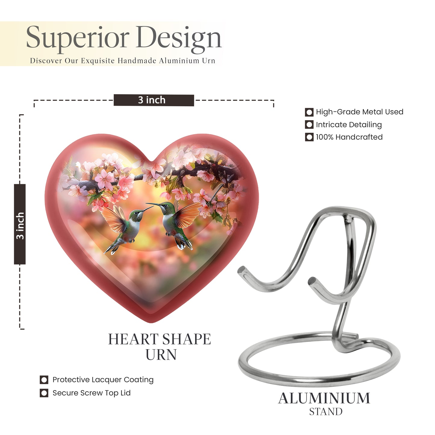 Amber Gold Hummingbird Cremation Urn front view showing detailed design - heart-shaped hummingbird design symbolizing eternal love - mini keepsake memorial for portion of cremation ashes