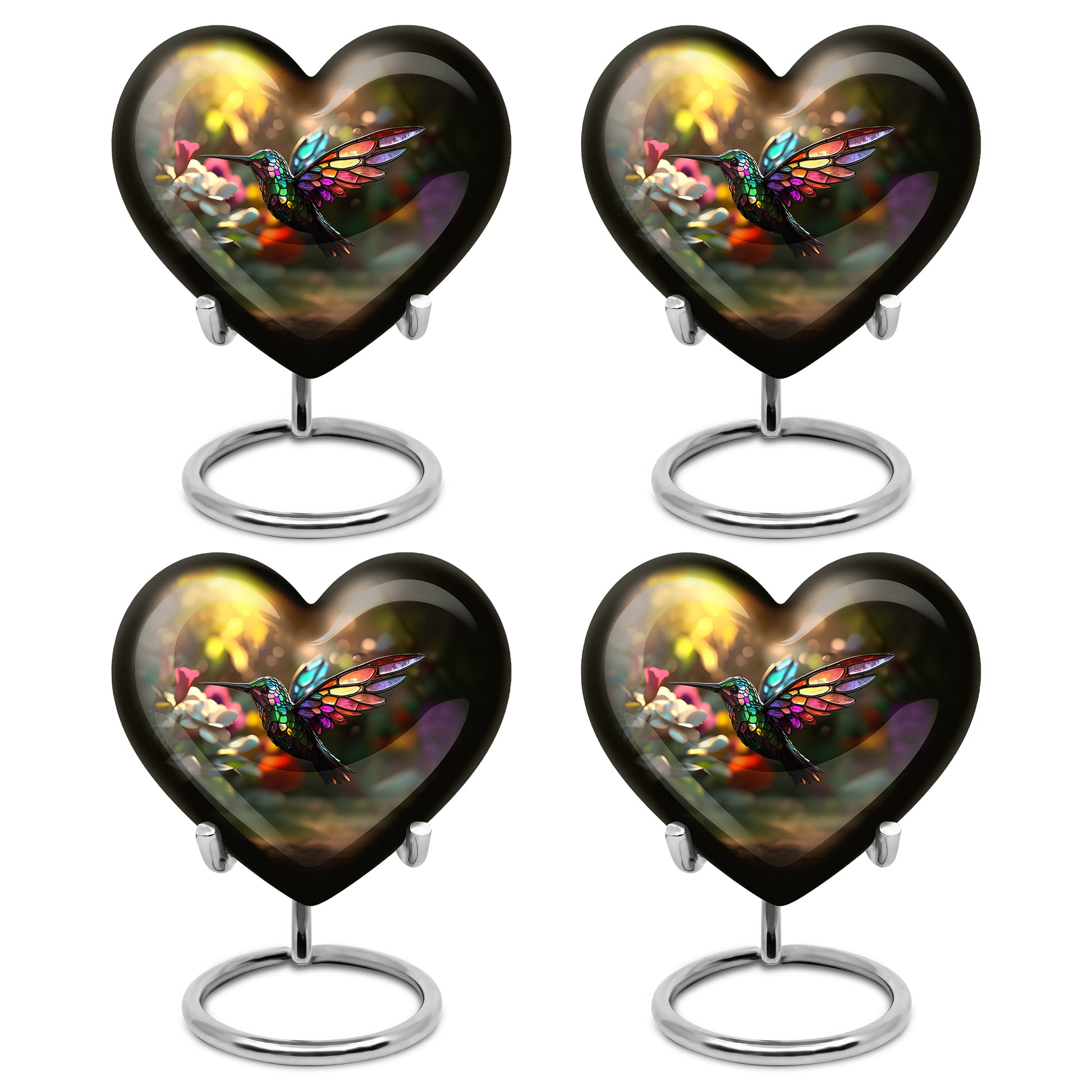 Royal Gold Hummingbird Cremation Urn angled view of lid and engraved motif - romantic heart urn with hummingbird motif on aluminum - 10 inch aluminum urn for cremated remains