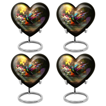 Royal Gold Hummingbird Cremation Urn angled view of lid and engraved motif - romantic heart urn with hummingbird motif on aluminum - 10 inch aluminum urn for cremated remains