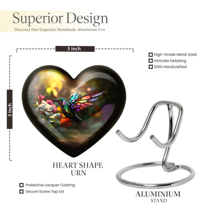 Amber Gold Hummingbird Cremation Urn front view showing detailed design - loving heart memorial featuring hummingbird pattern - mini keepsake memorial for portion of cremation ashes