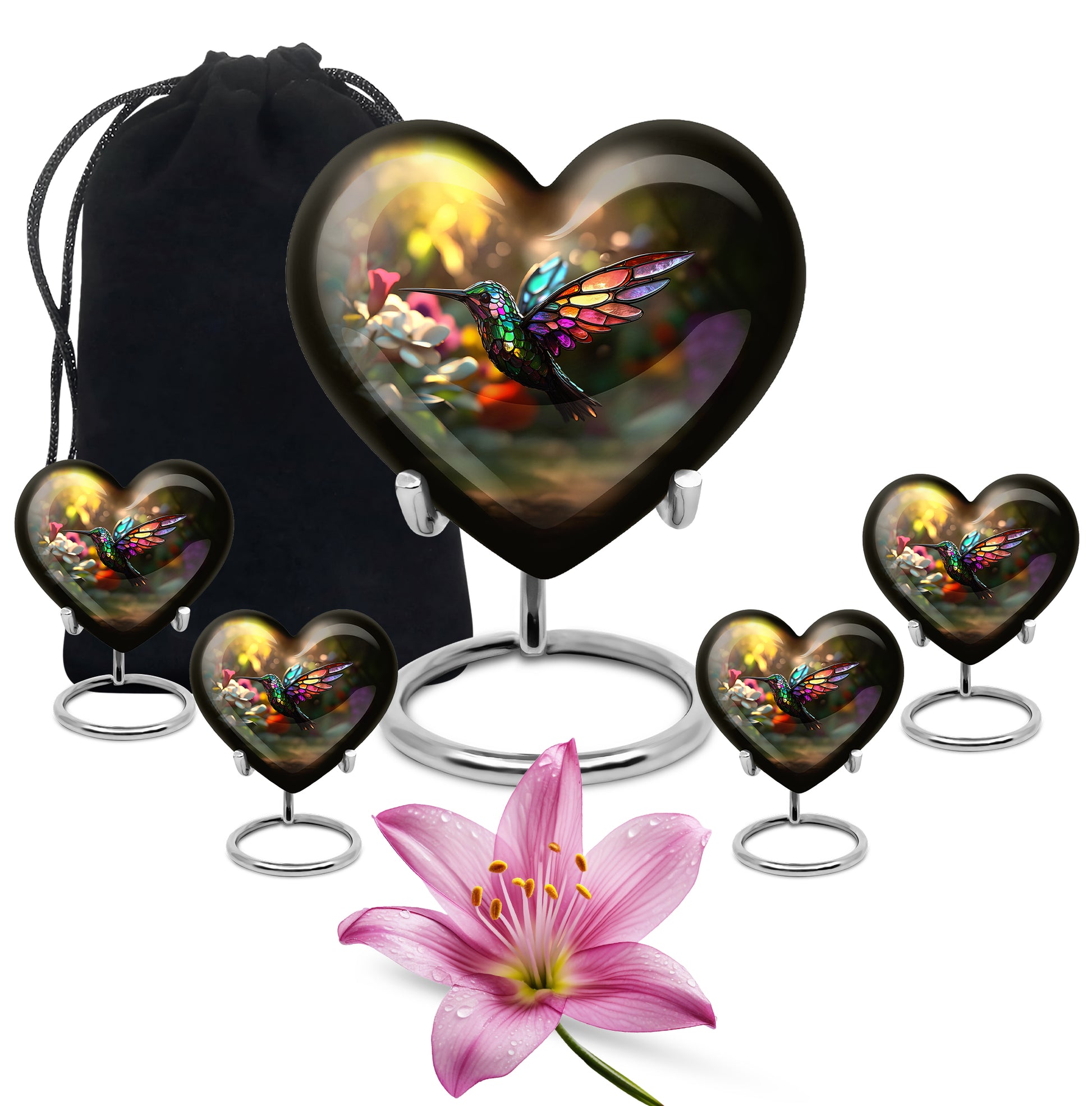 Harvest Gold Hummingbird Cremation Urn close-up of engraving and surface detail - compassionate heart-hummingbird combination with gentle curves - memorial set with one large and four small urns