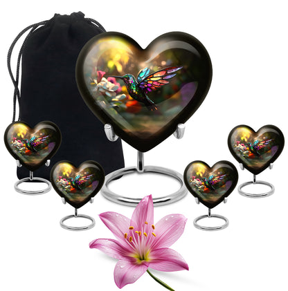 Harvest Gold Hummingbird Cremation Urn close-up of engraving and surface detail - compassionate heart-hummingbird combination with gentle curves - memorial set with one large and four small urns