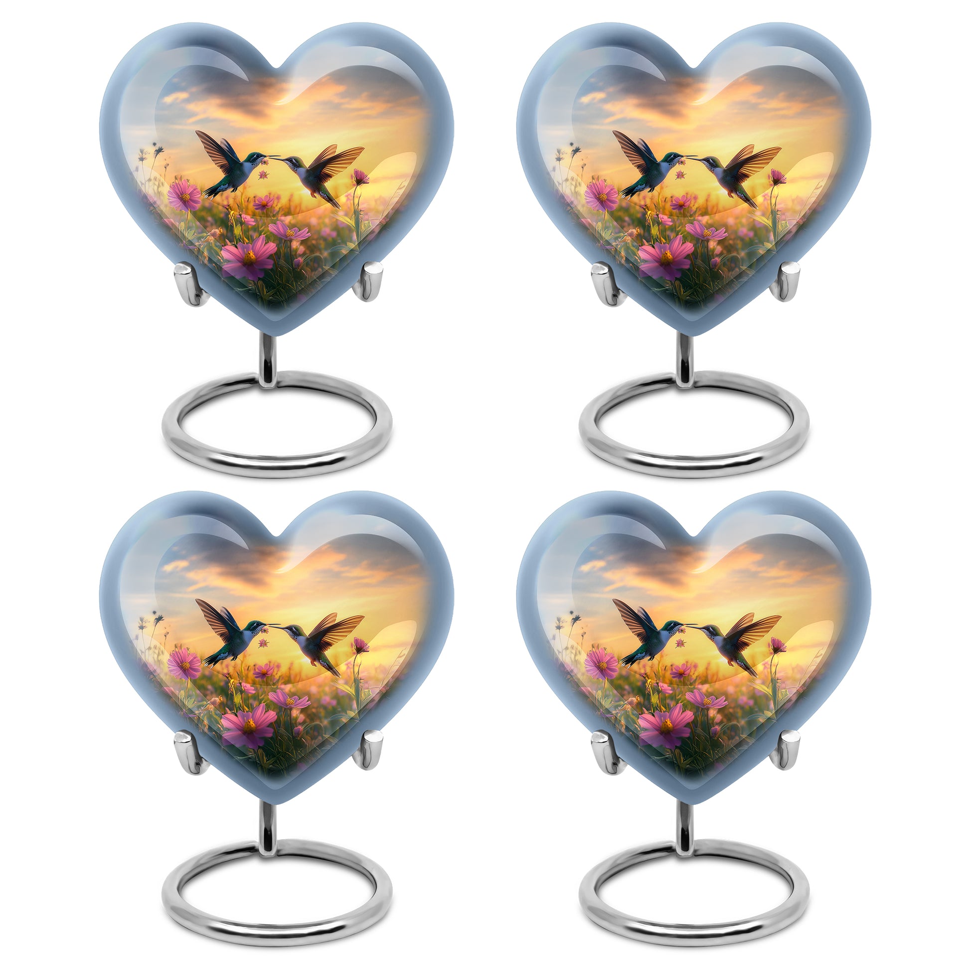 Sapphire Blue Hummingbird Cremation Urn angled view of lid and engraved motif - romantic heart urn with hummingbird motif on aluminum - 10 inch aluminum urn for cremated remains