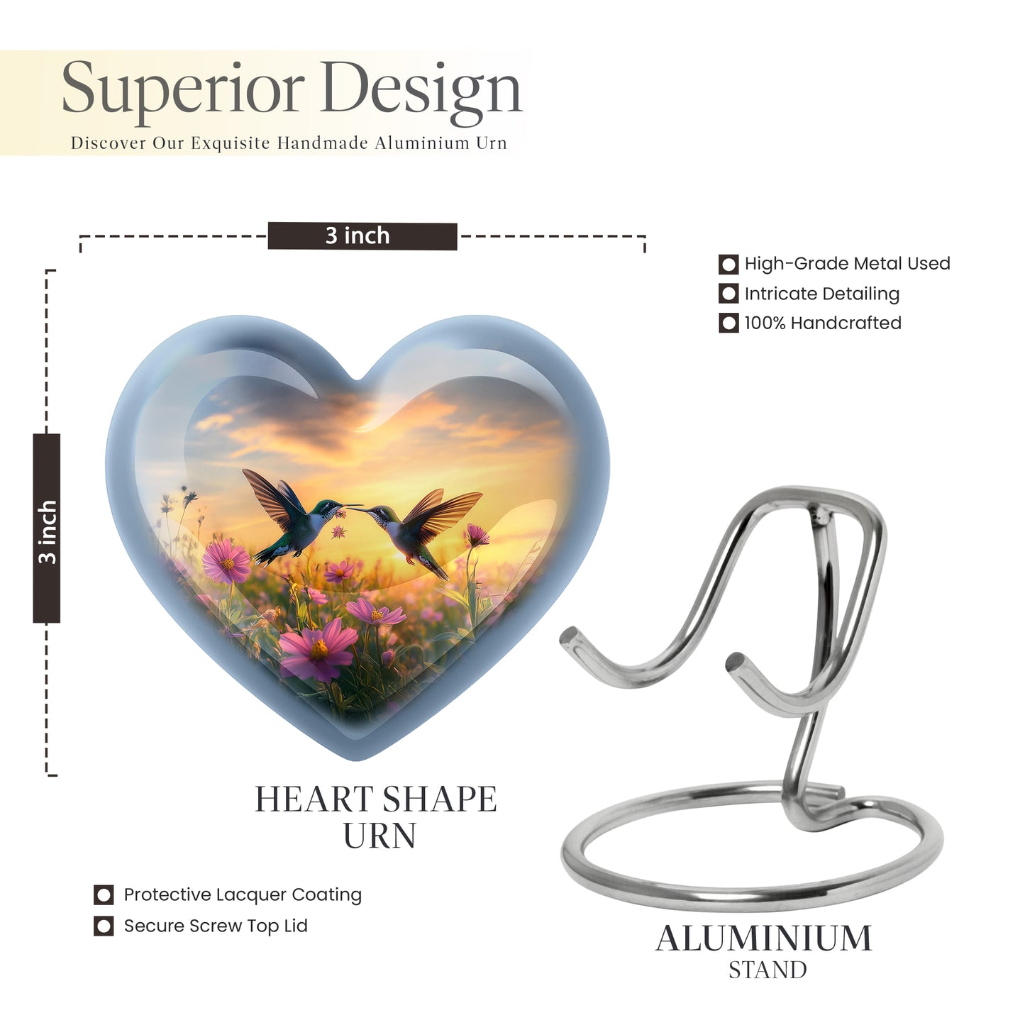 Icy Blue Hummingbird Cremation Urn front view showing detailed design - loving heart memorial featuring hummingbird pattern - mini keepsake memorial for portion of cremation ashes