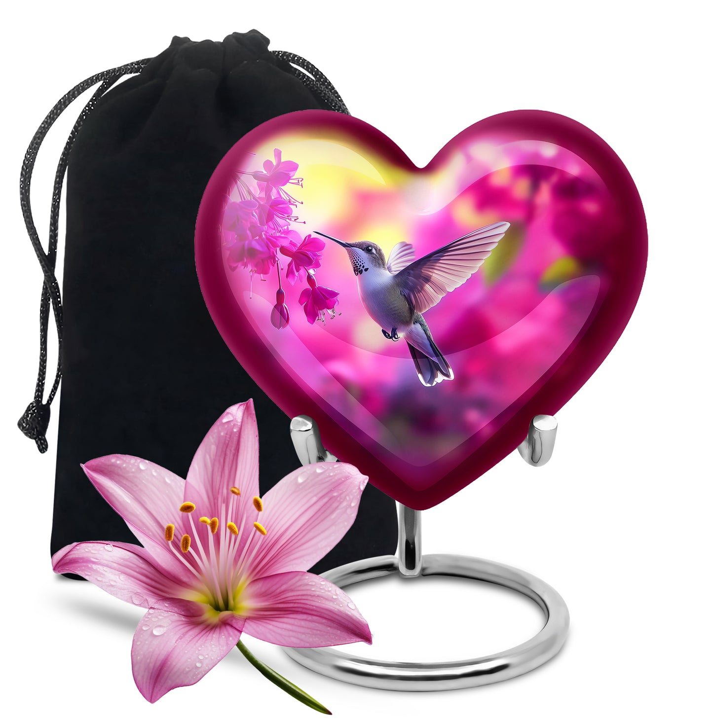 Salmon Pink Hummingbird Cremation Urn detail view - romantic heart urn with hummingbird motif on aluminum - full-size 10 inch 200 cubic inch adult cremation urn