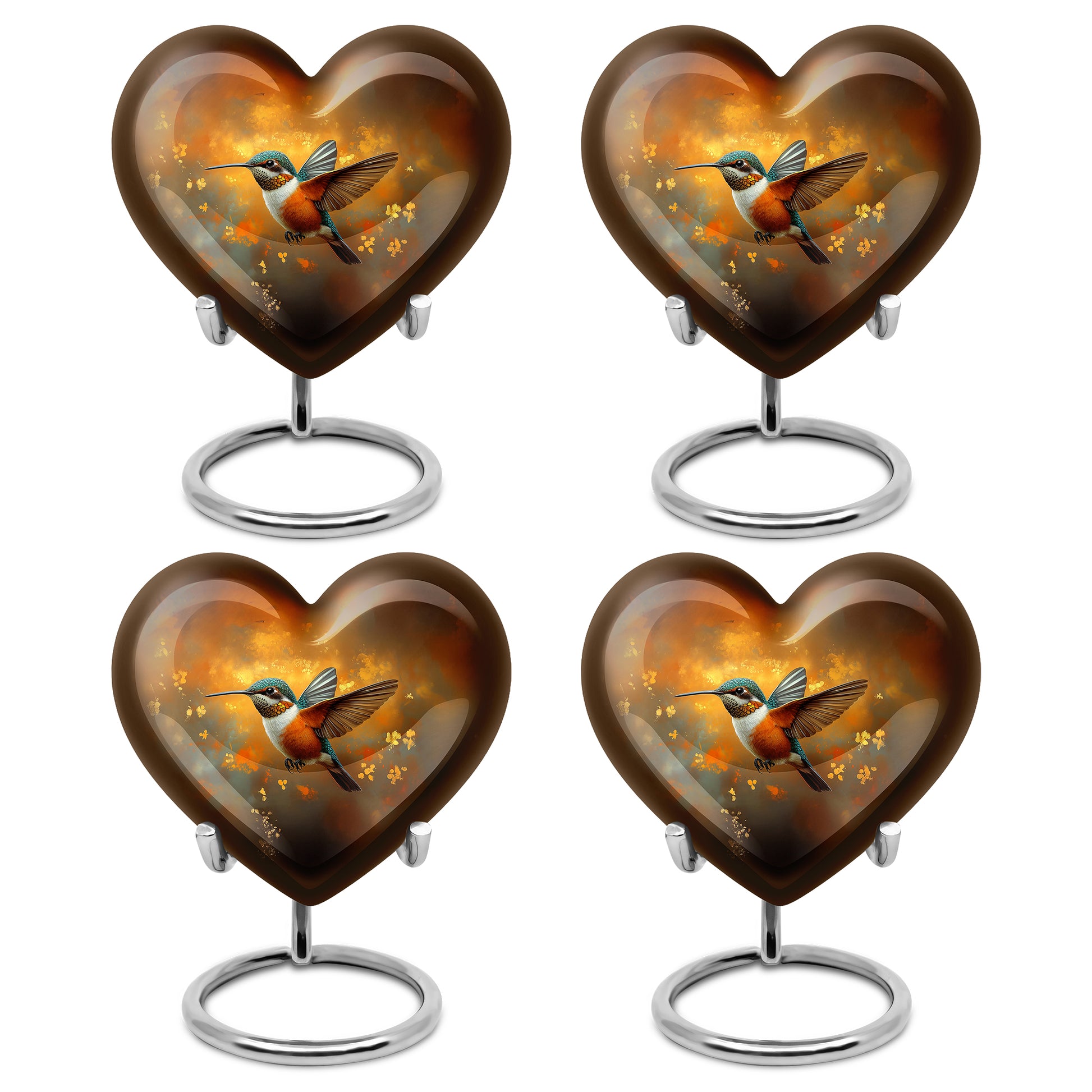 Warm Gold Hummingbird Cremation Urn angled view of lid and engraved motif - romantic heart urn with hummingbird motif on aluminum - 10 inch aluminum urn for cremated remains