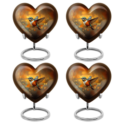 Warm Gold Hummingbird Cremation Urn angled view of lid and engraved motif - romantic heart urn with hummingbird motif on aluminum - 10 inch aluminum urn for cremated remains