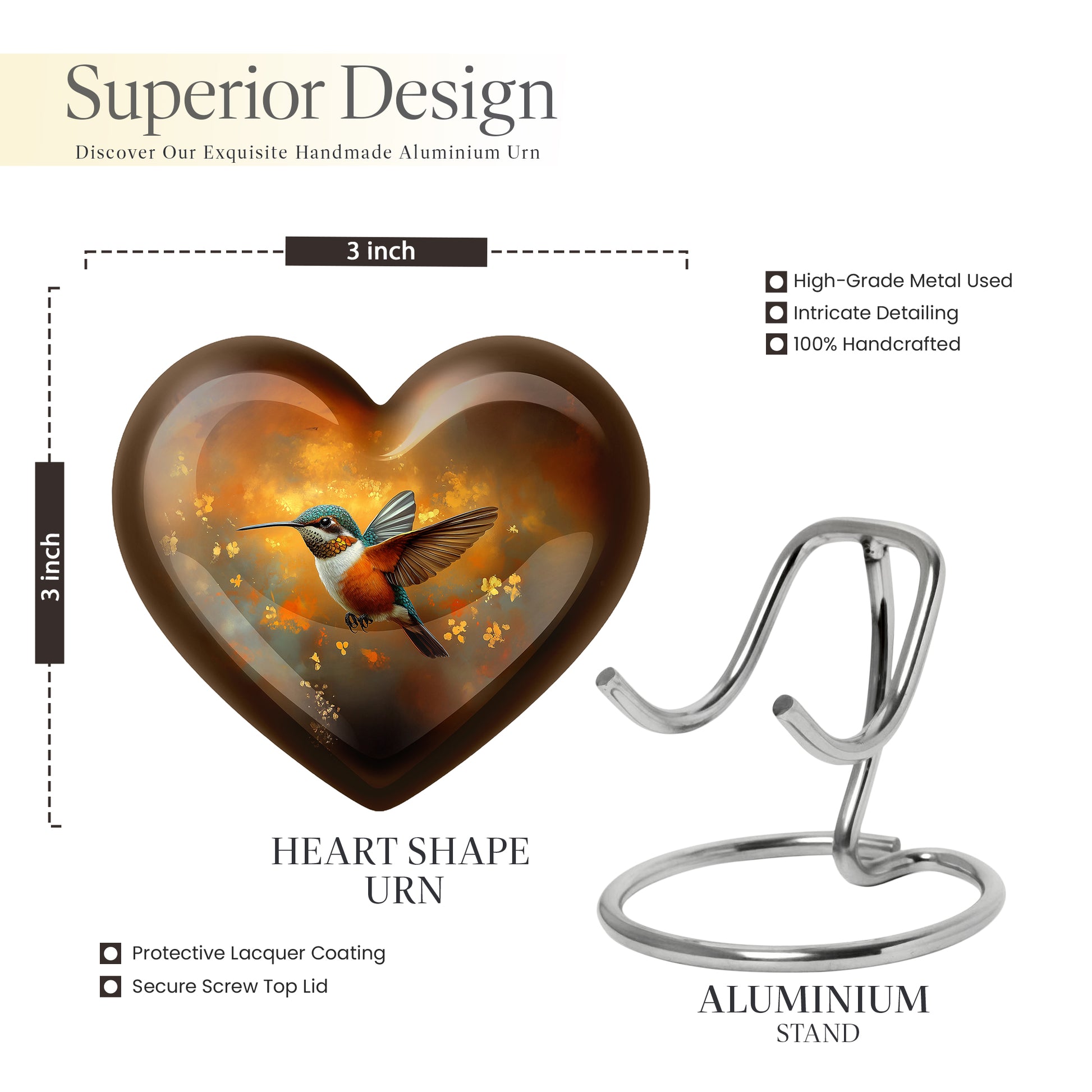 Burnished Gold Hummingbird Cremation Urn front view showing detailed design - compassionate heart-hummingbird combination with gentle curves - mini keepsake memorial for portion of cremation ashes
