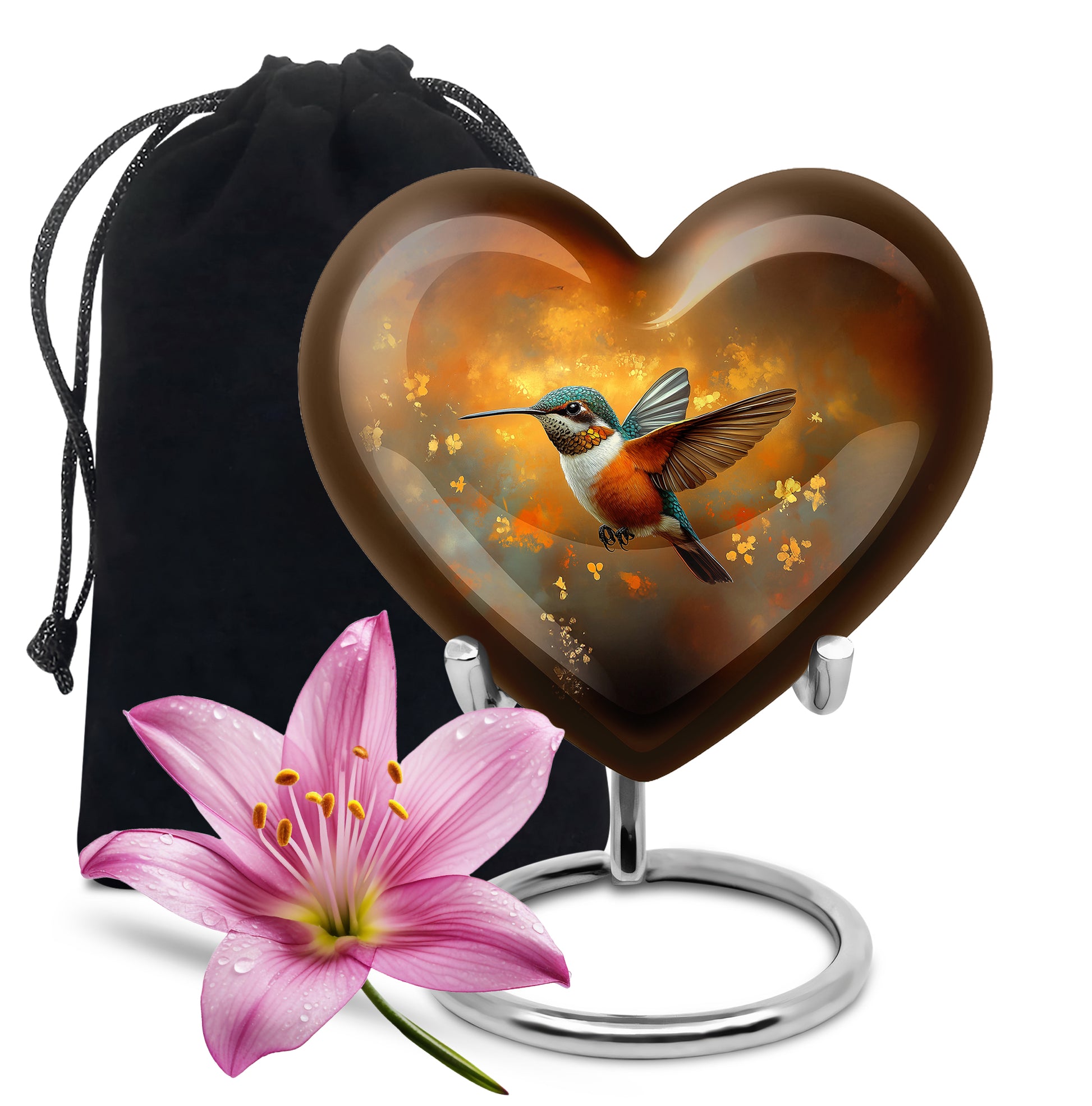 Antique Gold Hummingbird Cremation Urn detail view - heart-shaped hummingbird design symbolizing eternal love - full-size 10 inch 200 cubic inch adult cremation urn
