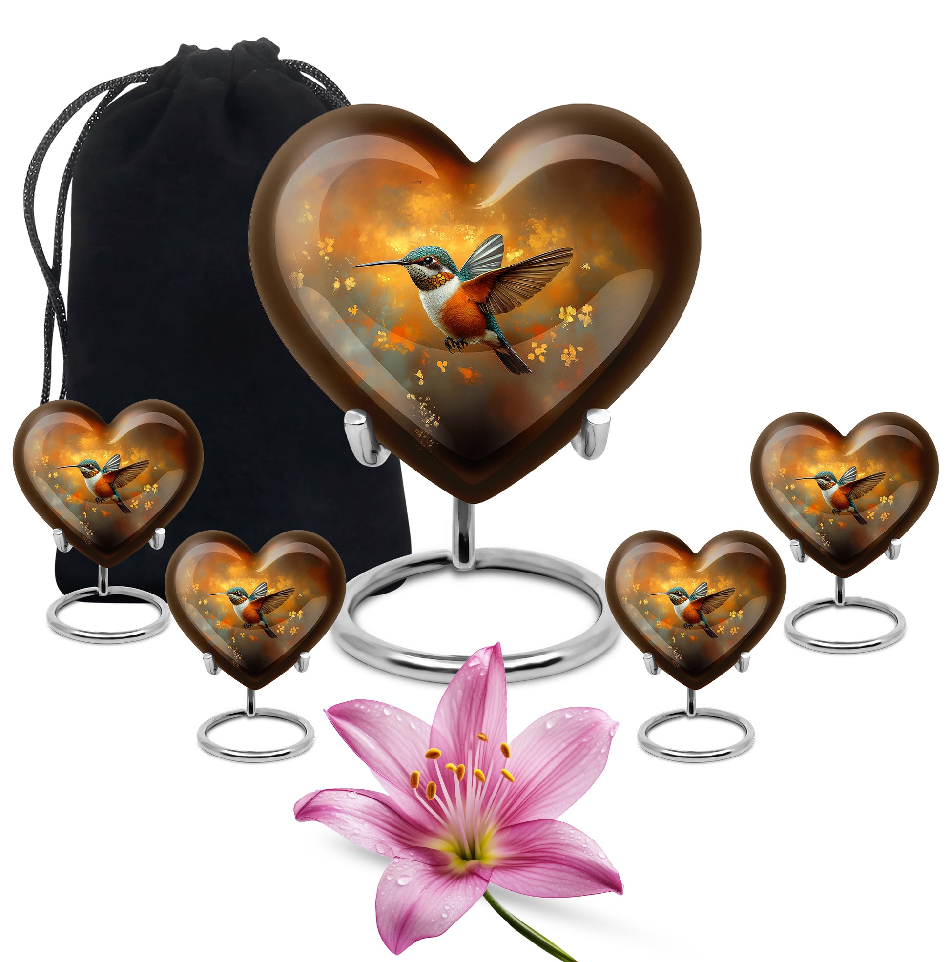 Burnished Gold Hummingbird Cremation Urn close-up of engraving and surface detail - compassionate heart-hummingbird combination with gentle curves - memorial set with one large and four small urns