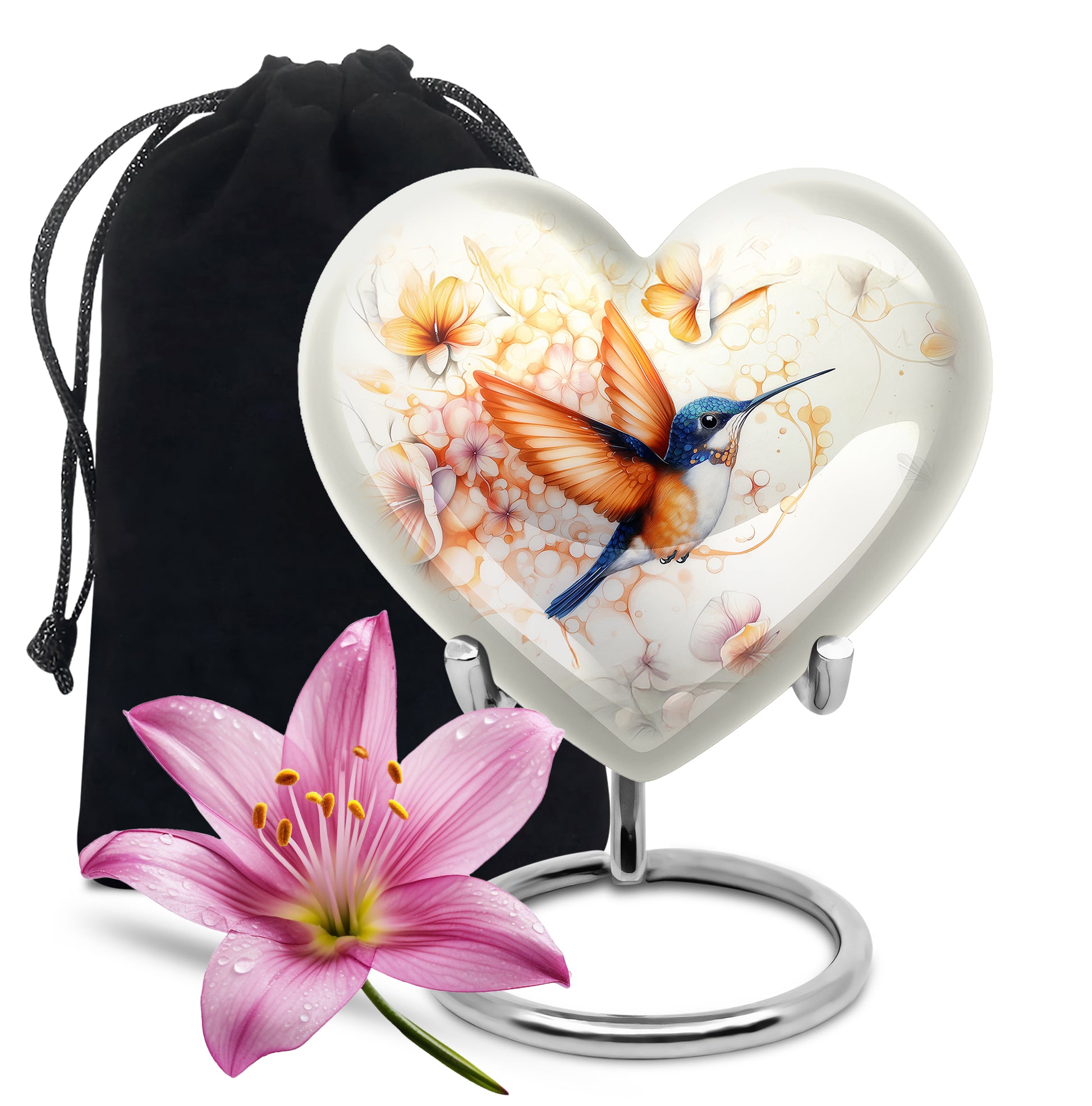 Pewter Gray Hummingbird Cremation Urn detail view - heart-shaped hummingbird design symbolizing eternal love - full-size 10 inch 200 cubic inch adult cremation urn
