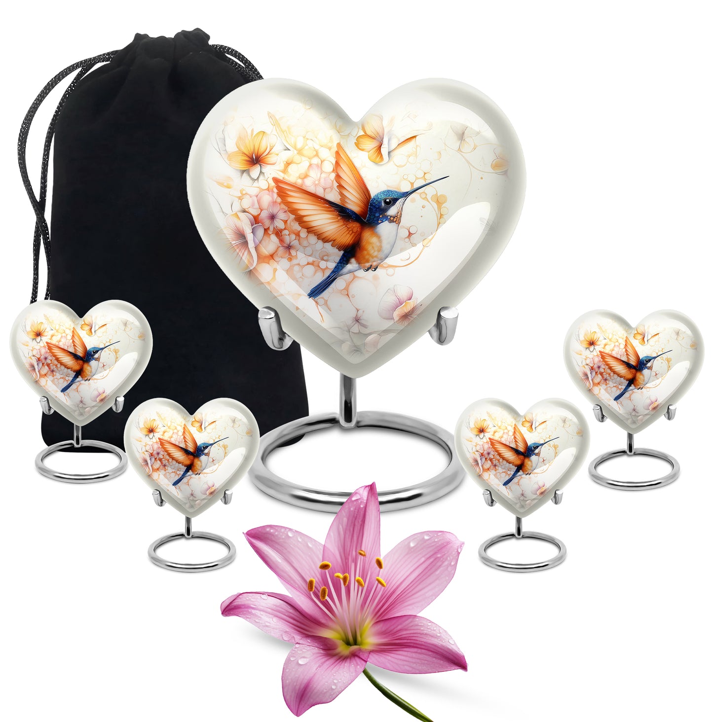 Dove Gray Hummingbird Cremation Urn close-up of engraving and surface detail - heart-shaped hummingbird design symbolizing eternal love - memorial set with one large and four small urns
