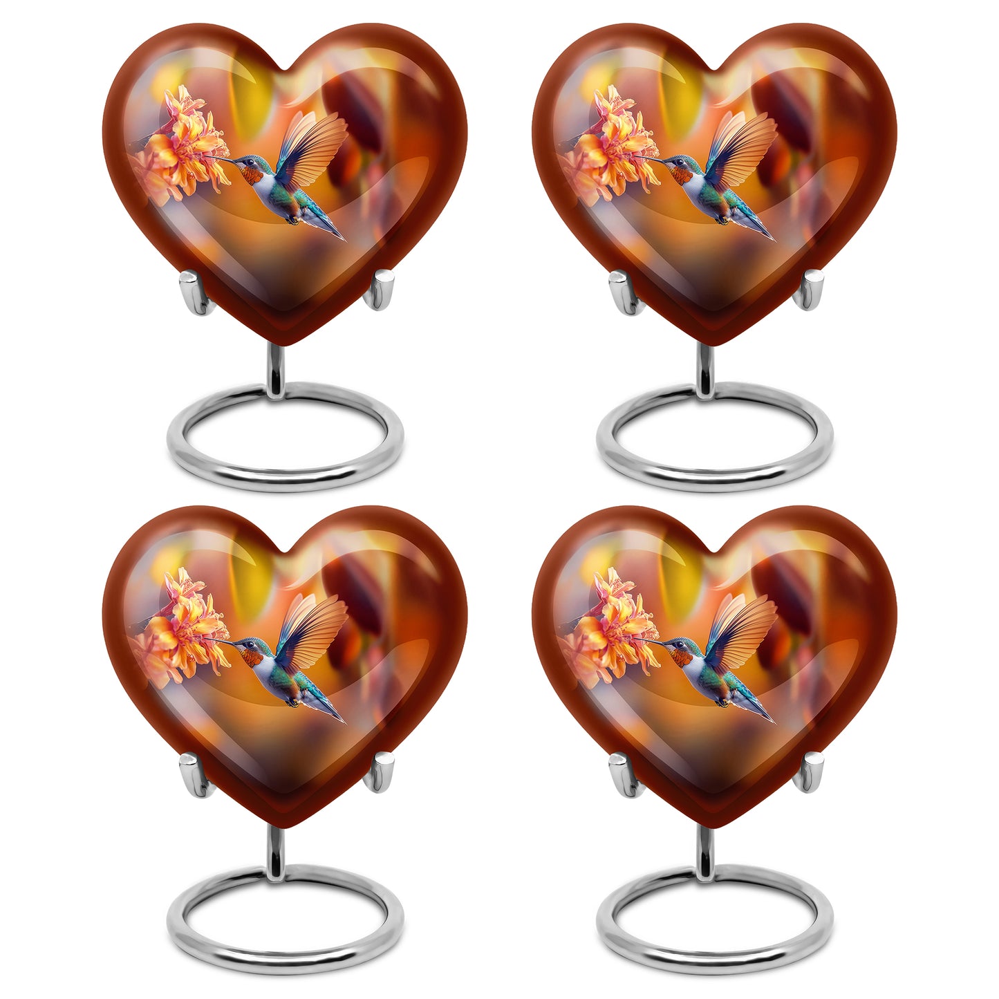 Harvest Gold Hummingbird Cremation Urn angled view of lid and engraved motif - compassionate heart-hummingbird combination with gentle curves - 10 inch aluminum urn for cremated remains