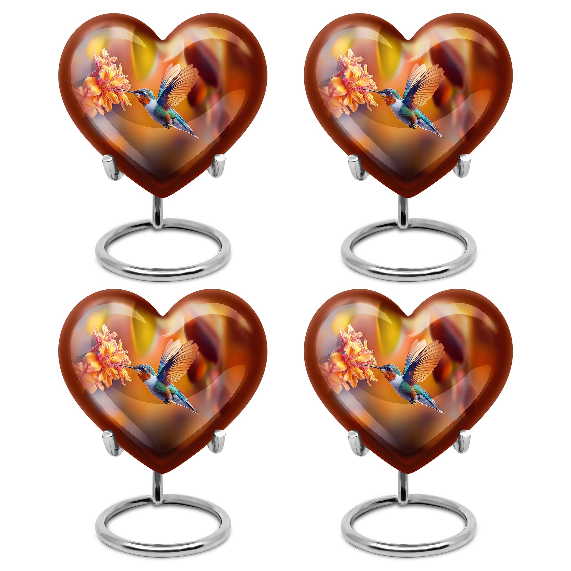 Harvest Gold Hummingbird Cremation Urn angled view of lid and engraved motif - compassionate heart-hummingbird combination with gentle curves - 10 inch aluminum urn for cremated remains