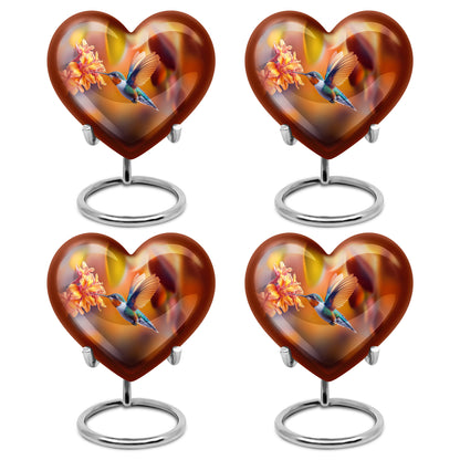 Harvest Gold Hummingbird Cremation Urn angled view of lid and engraved motif - compassionate heart-hummingbird combination with gentle curves - 10 inch aluminum urn for cremated remains