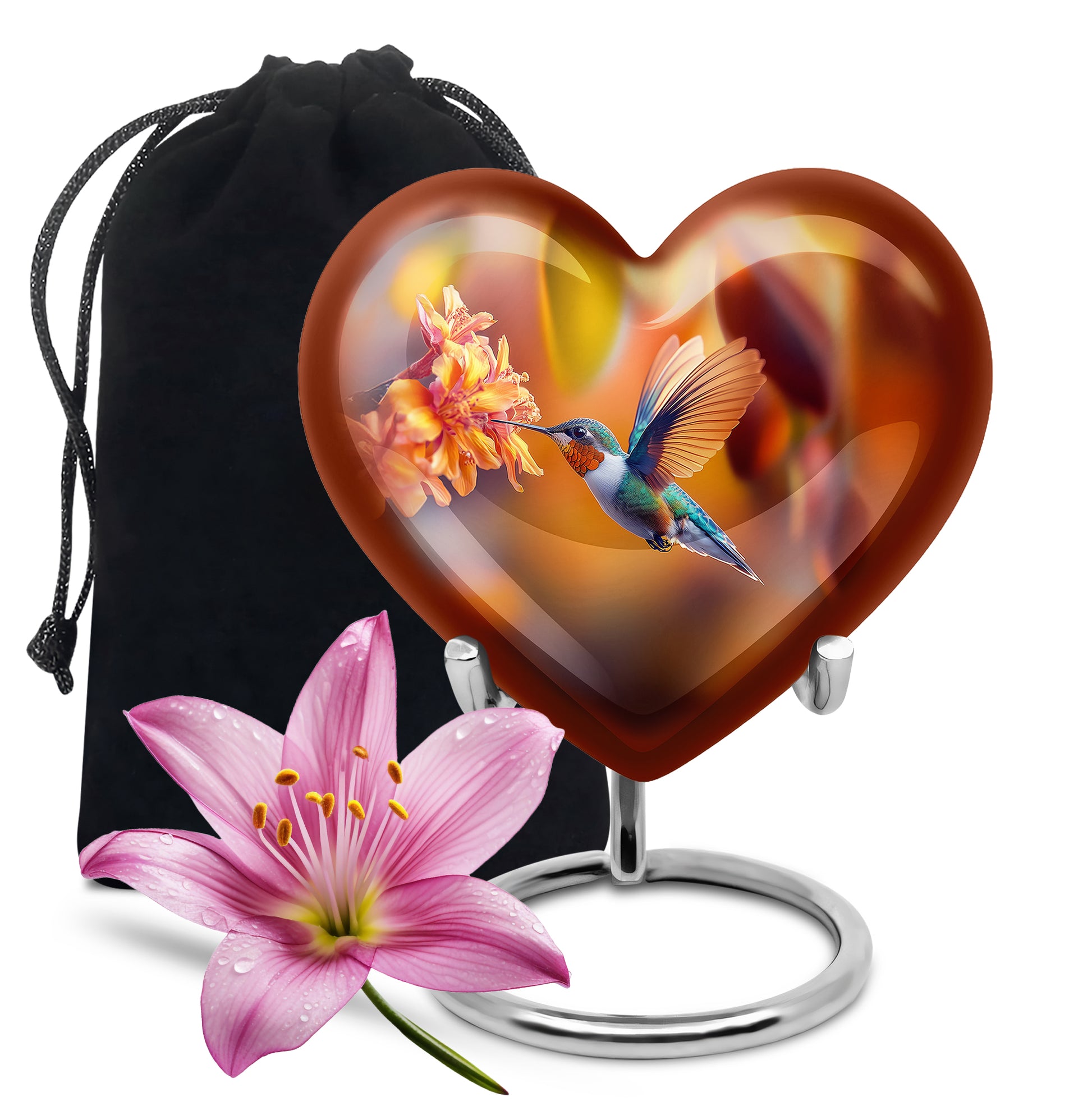 Antique Gold Hummingbird Cremation Urn detail view - loving heart memorial featuring hummingbird pattern - full-size 10 inch 200 cubic inch adult cremation urn