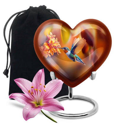 Antique Gold Hummingbird Cremation Urn detail view - loving heart memorial featuring hummingbird pattern - full-size 10 inch 200 cubic inch adult cremation urn