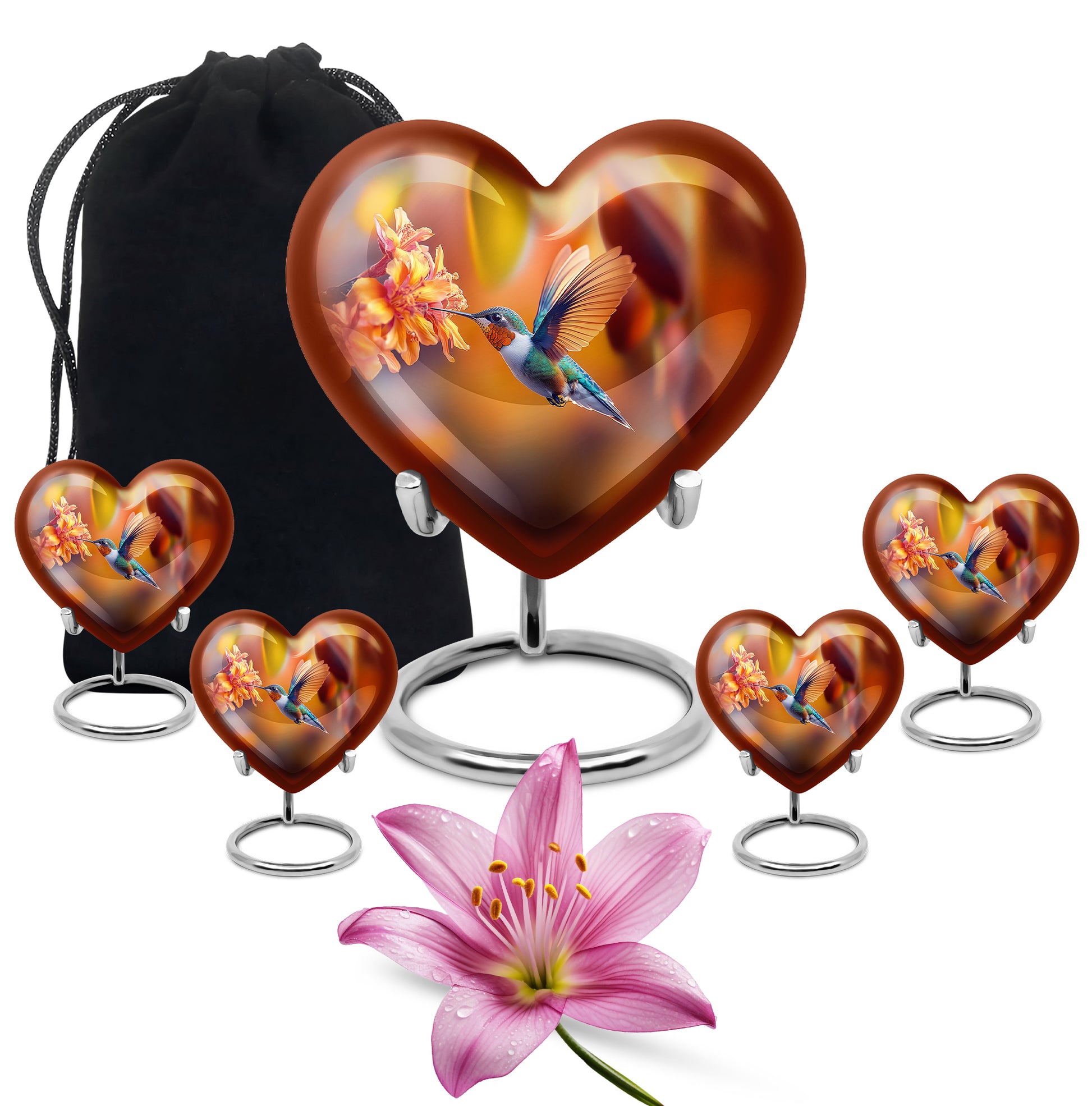 Champagne Gold Hummingbird Cremation Urn close-up of engraving and surface detail - loving heart memorial featuring hummingbird pattern - memorial set with one large and four small urns