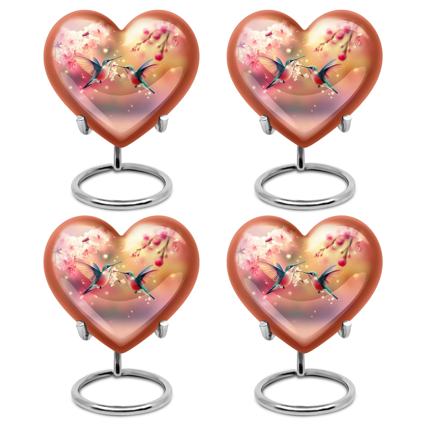 Matte Gold Hummingbird Cremation Urn angled view of lid and engraved motif - romantic heart urn with hummingbird motif on aluminum - 10 inch aluminum urn for cremated remains