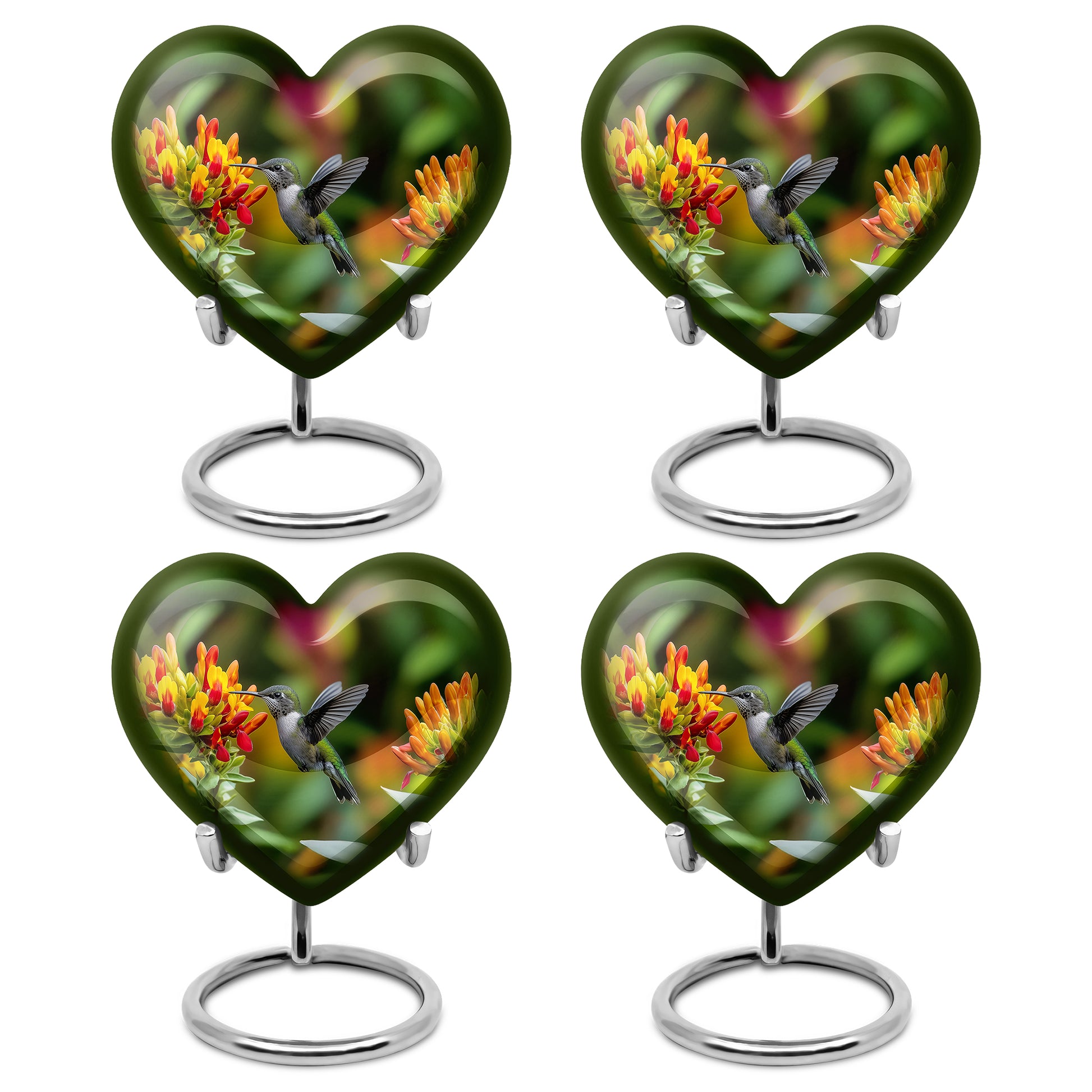 Warm Yellow Hummingbird Cremation Urn angled view of lid and engraved motif - heart-shaped hummingbird design symbolizing eternal love - 10 inch aluminum urn for cremated remains