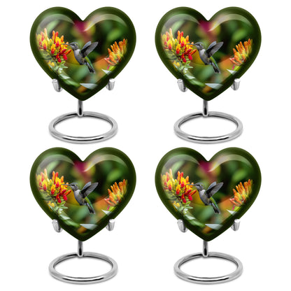 Warm Yellow Hummingbird Cremation Urn angled view of lid and engraved motif - heart-shaped hummingbird design symbolizing eternal love - 10 inch aluminum urn for cremated remains