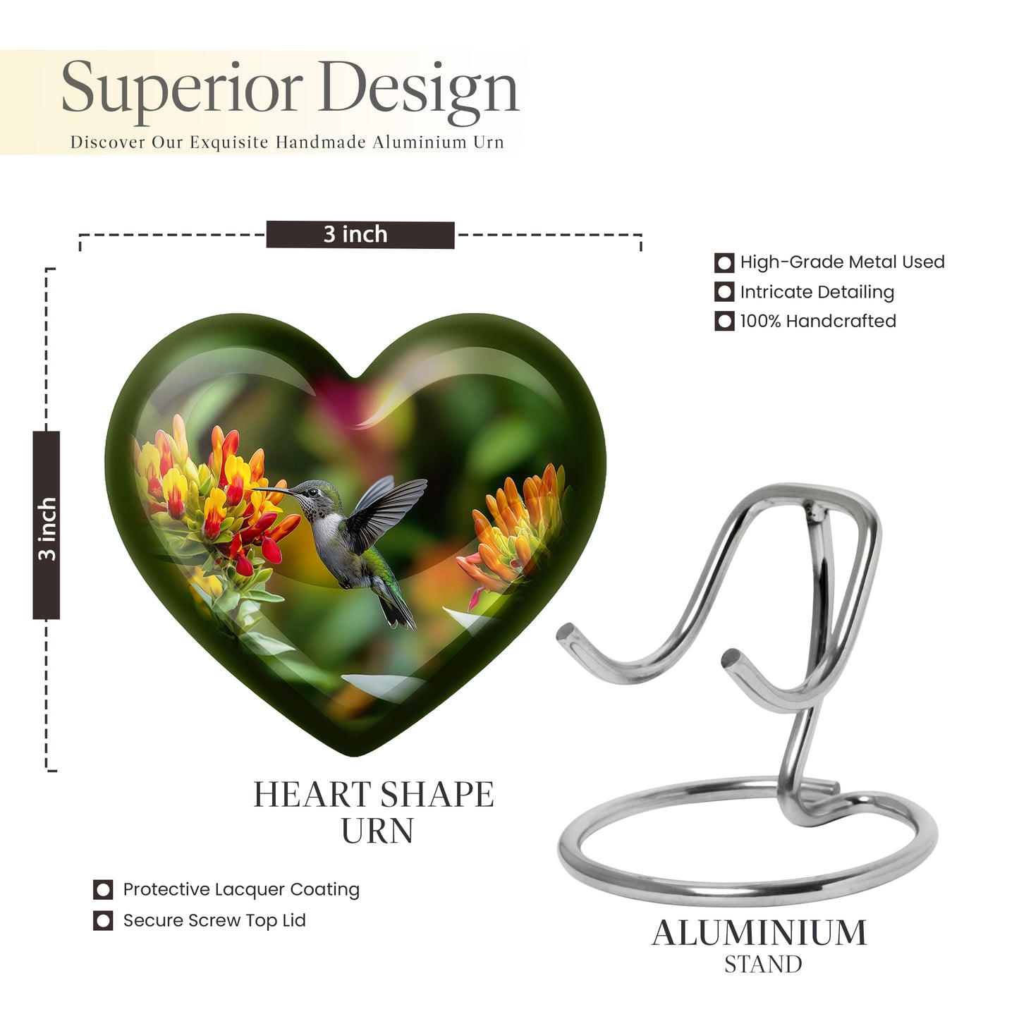 Sunshine Yellow Hummingbird Cremation Urn front view showing detailed design - compassionate heart-hummingbird combination with gentle curves - mini keepsake memorial for portion of cremation ashes