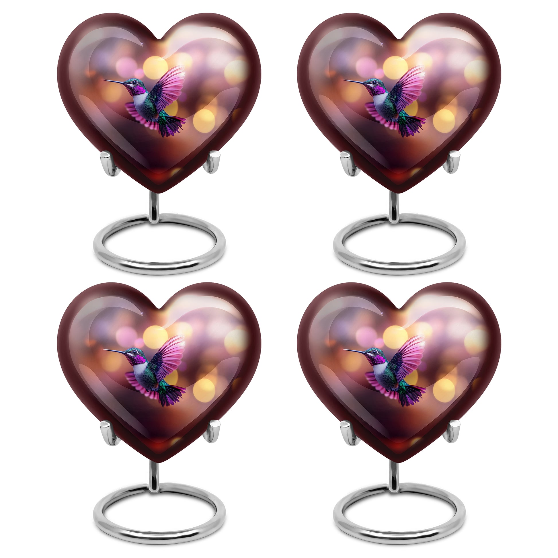 Rich Red Hummingbird Cremation Urn angled view of lid and engraved motif - romantic heart urn with hummingbird motif on aluminum - 10 inch aluminum urn for cremated remains