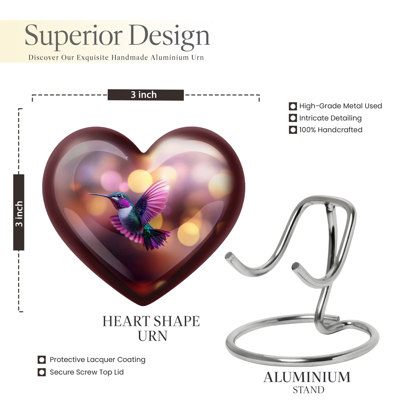 Deep Red Hummingbird Cremation Urn front view showing detailed design - loving heart memorial featuring hummingbird pattern - mini keepsake memorial for portion of cremation ashes