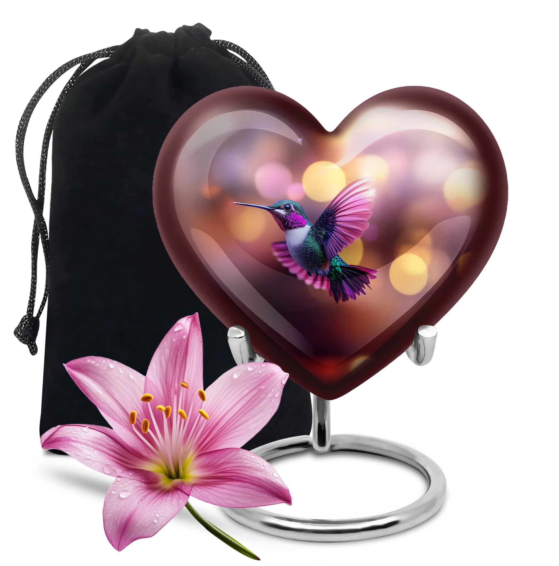 Ruby Red Hummingbird Cremation Urn detail view - romantic heart urn with hummingbird motif on aluminum - full-size 10 inch 200 cubic inch adult cremation urn