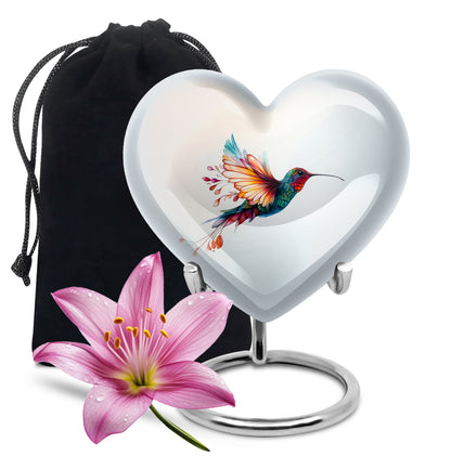 Gleaming Silver Hummingbird Cremation Urn detail view - heart-shaped hummingbird design symbolizing eternal love - full-size 10 inch 200 cubic inch adult cremation urn