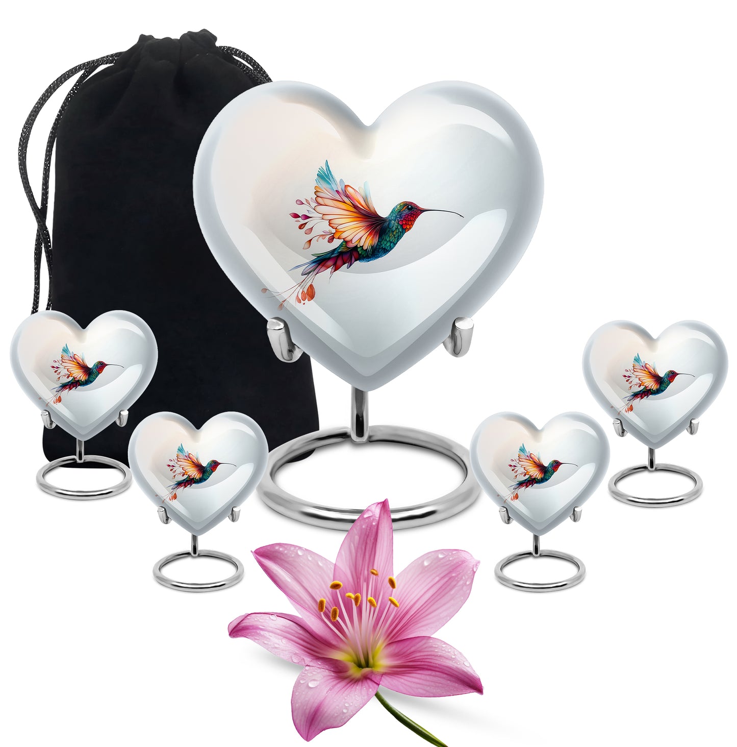 Gleaming Silver Hummingbird Cremation Urn close-up of engraving and surface detail - loving heart memorial featuring hummingbird pattern - memorial set with one large and four small urns