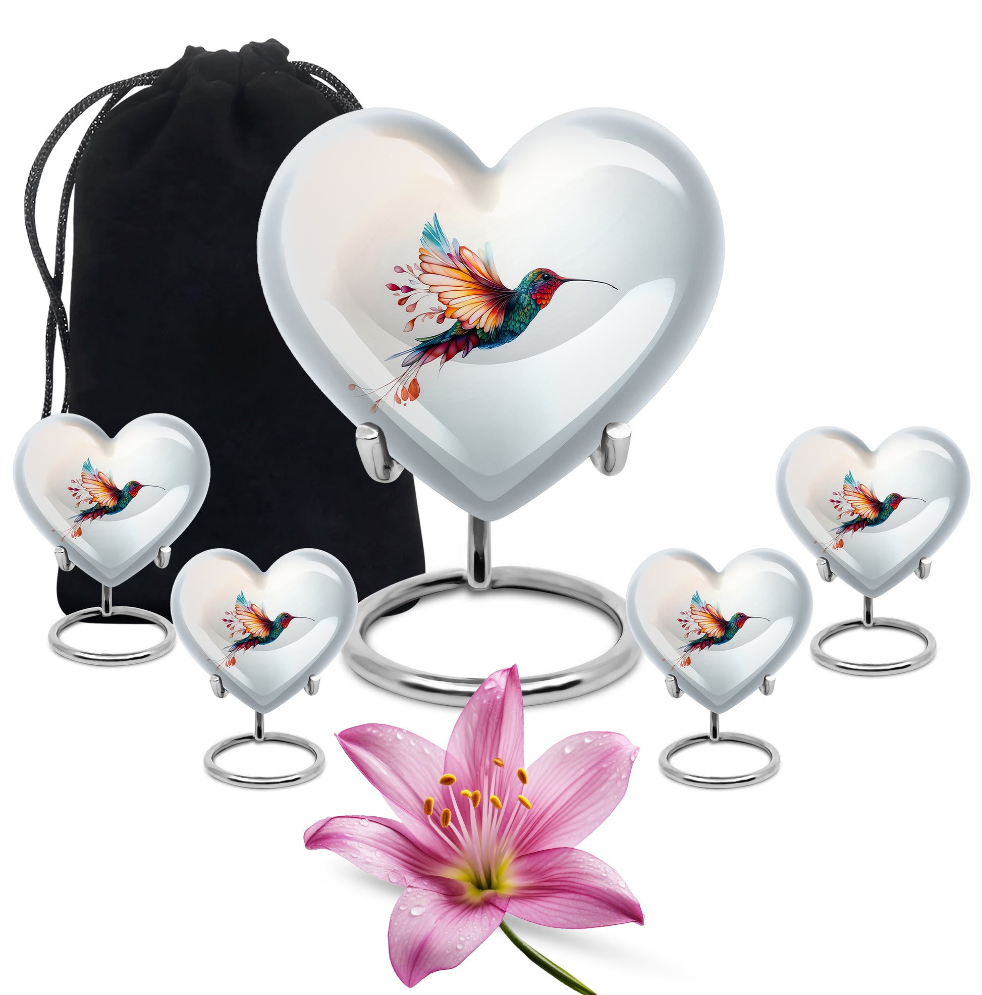 Gleaming Silver Hummingbird Cremation Urn close-up of engraving and surface detail - loving heart memorial featuring hummingbird pattern - memorial set with one large and four small urns