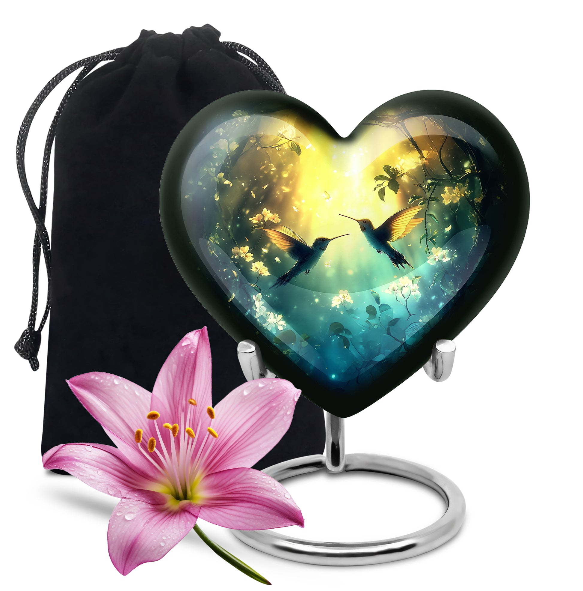 Warm Gold Hummingbird Cremation Urn detail view - compassionate heart-hummingbird combination with gentle curves - full-size 10 inch 200 cubic inch adult cremation urn