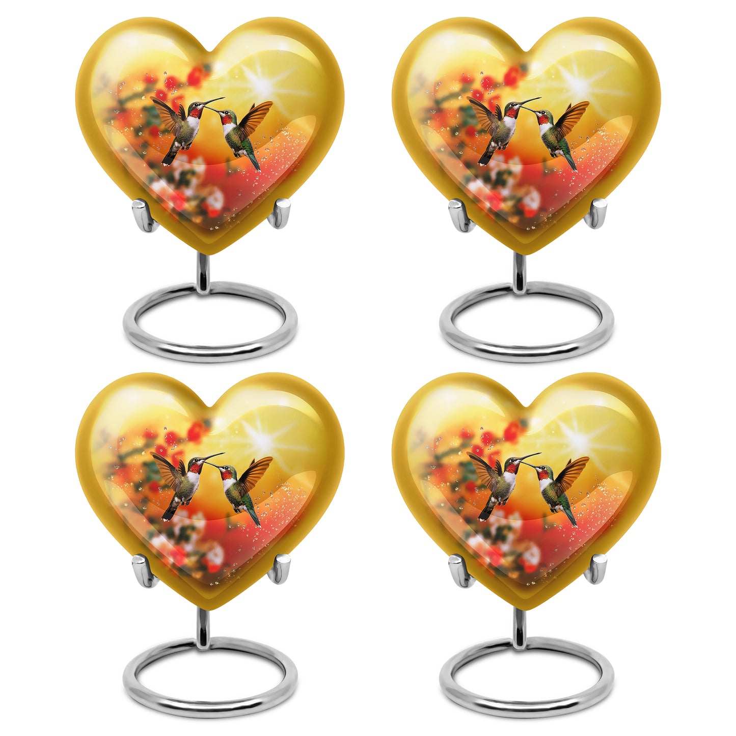 Gilded Gold Hummingbird Cremation Urn angled view of lid and engraved motif - heart-shaped hummingbird design symbolizing eternal love - 10 inch aluminum urn for cremated remains