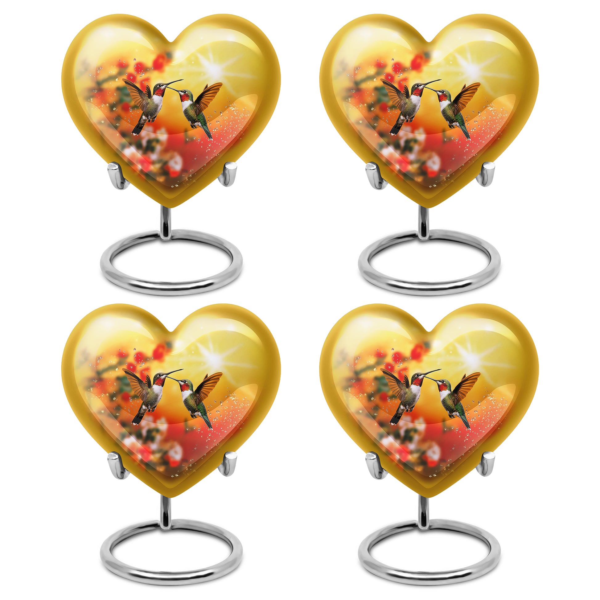 Gilded Gold Hummingbird Cremation Urn angled view of lid and engraved motif - heart-shaped hummingbird design symbolizing eternal love - 10 inch aluminum urn for cremated remains
