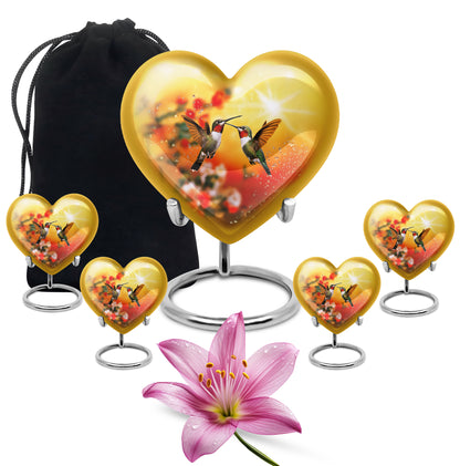 Sunrise Gold Hummingbird Cremation Urn close-up of engraving and surface detail - loving heart memorial featuring hummingbird pattern - memorial set with one large and four small urns