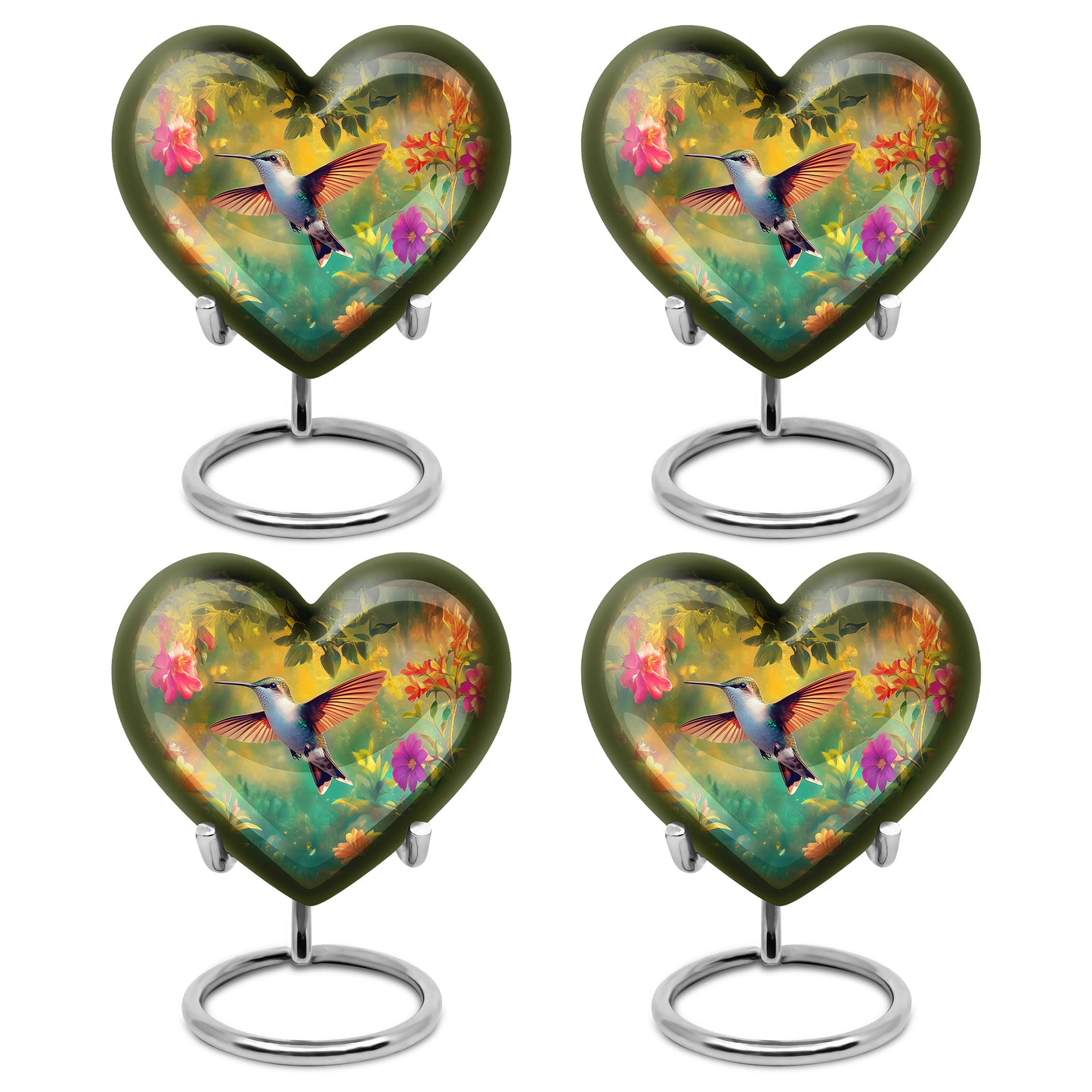 Rich Black Hummingbird Cremation Urn angled view of lid and engraved motif - loving heart memorial featuring hummingbird pattern - 10 inch aluminum urn for cremated remains