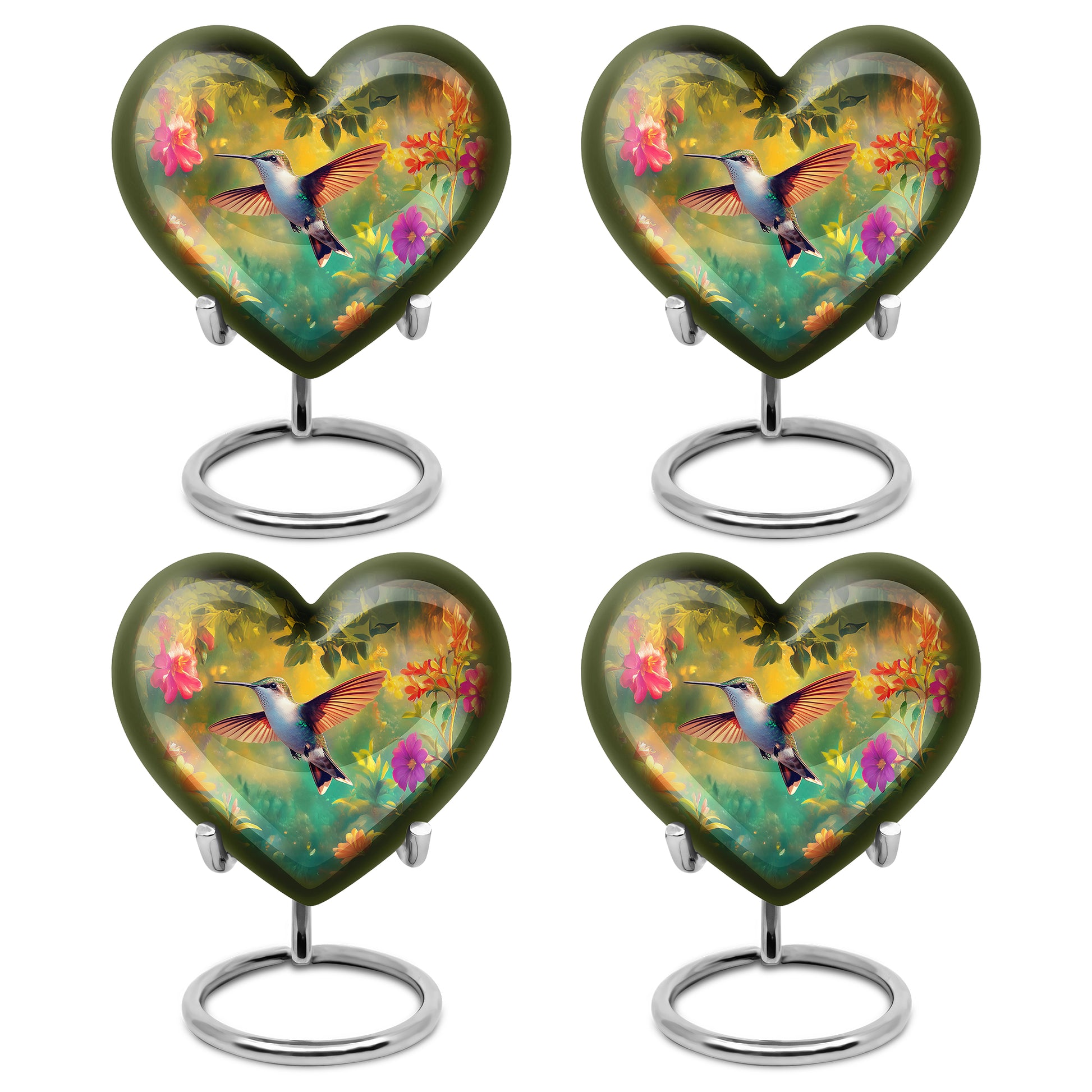 Rich Black Hummingbird Cremation Urn angled view of lid and engraved motif - loving heart memorial featuring hummingbird pattern - 10 inch aluminum urn for cremated remains