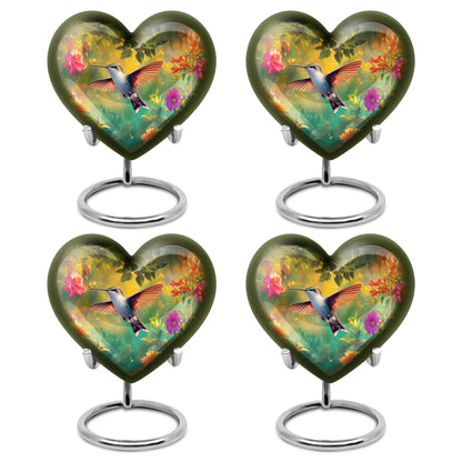 Rich Black Hummingbird Cremation Urn angled view of lid and engraved motif - loving heart memorial featuring hummingbird pattern - 10 inch aluminum urn for cremated remains