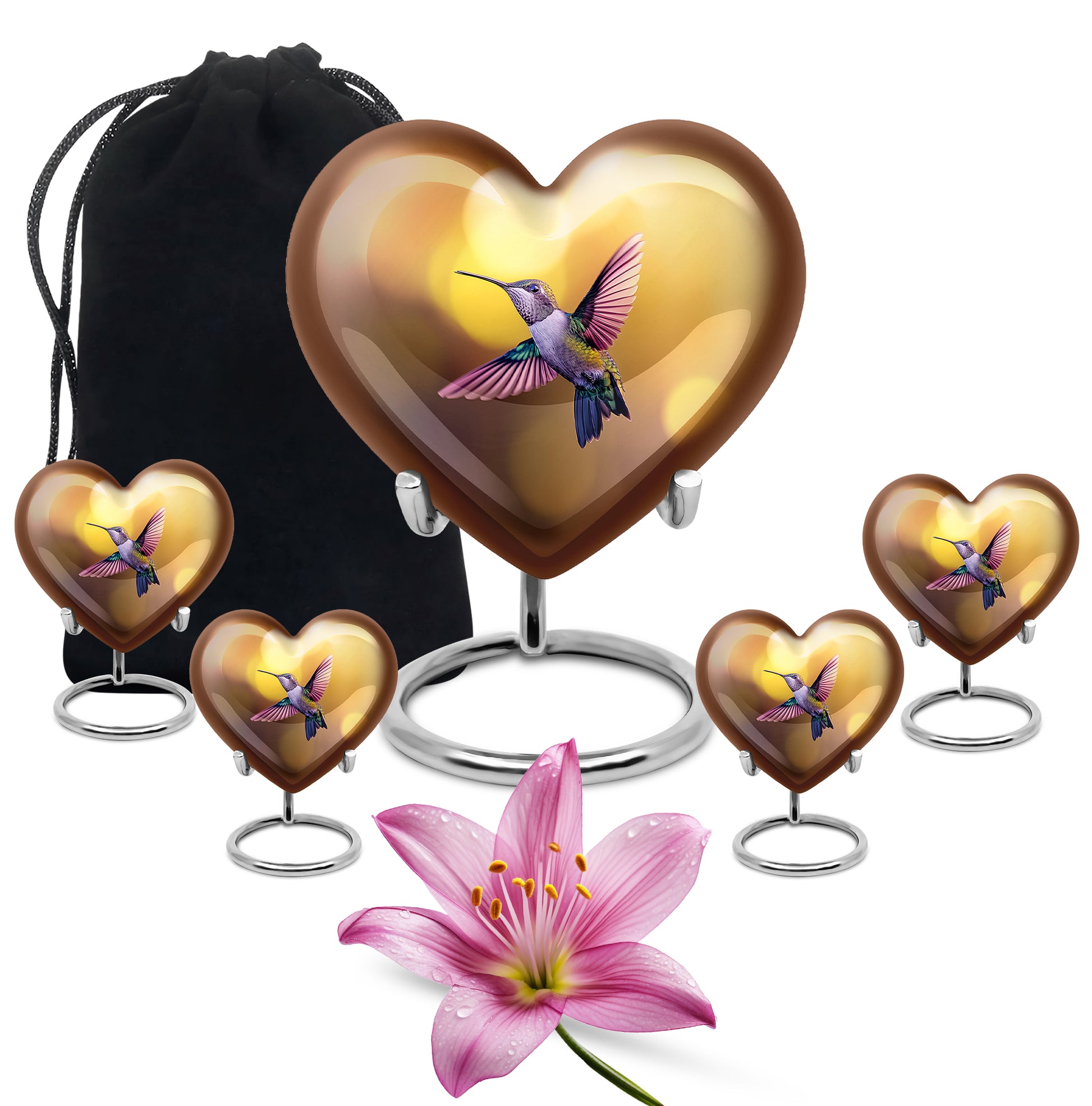 Champagne Gold Hummingbird Cremation Urn close-up of engraving and surface detail - heart-shaped hummingbird design symbolizing eternal love - memorial set with one large and four small urns