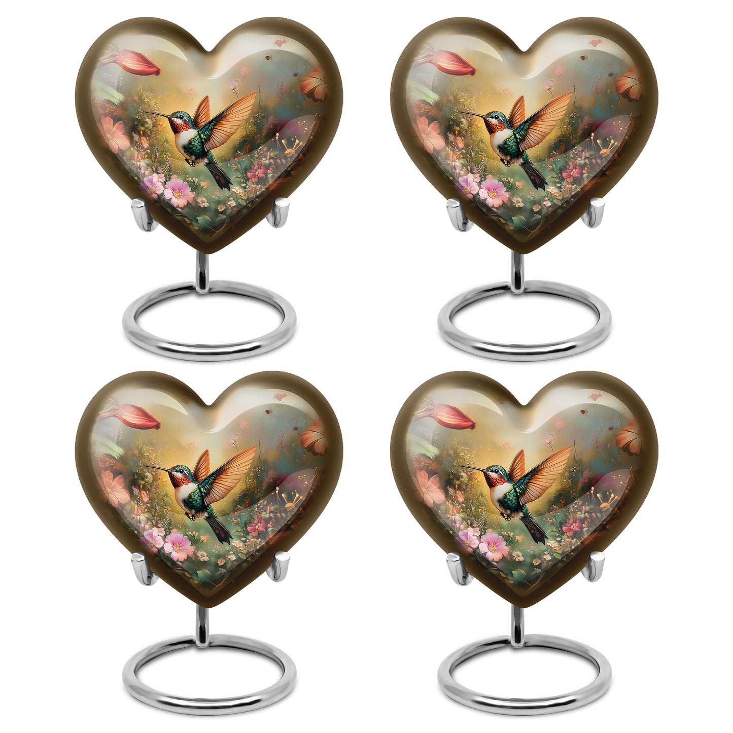 Matte Gold Hummingbird Cremation Urn angled view of lid and engraved motif - romantic heart urn with hummingbird motif on aluminum - 10 inch aluminum urn for cremated remains