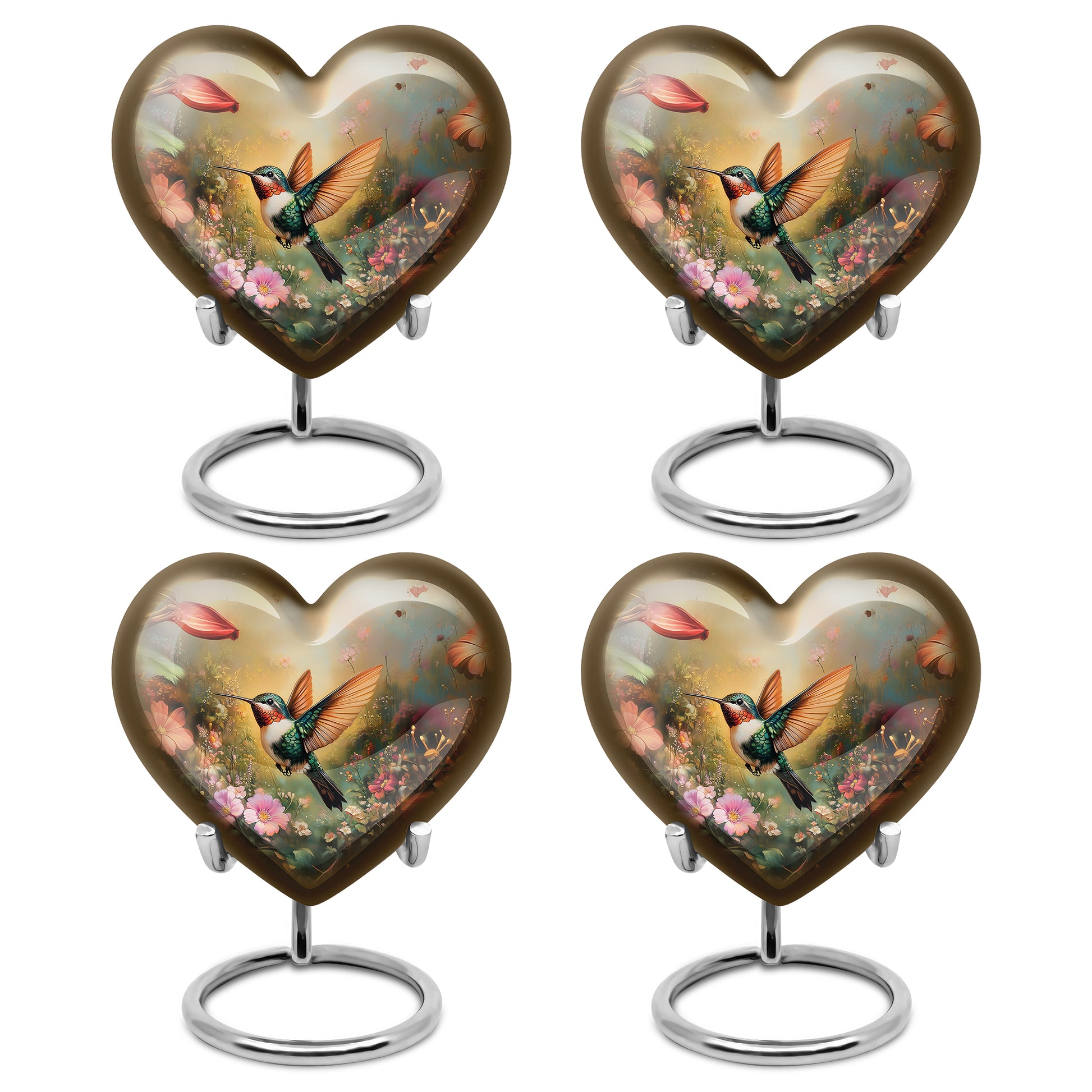Matte Gold Hummingbird Cremation Urn angled view of lid and engraved motif - romantic heart urn with hummingbird motif on aluminum - 10 inch aluminum urn for cremated remains