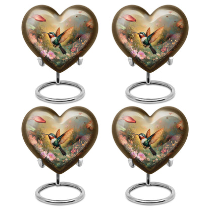 Matte Gold Hummingbird Cremation Urn angled view of lid and engraved motif - romantic heart urn with hummingbird motif on aluminum - 10 inch aluminum urn for cremated remains